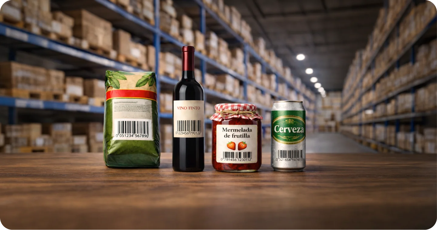 Productos con códigos de barras oficiales sobre una mesa de depósito: paquete, botella de vino, frasco de mermelada y lata de cerveza