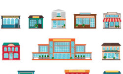 Imagen de diversas fachadas de tiendas y edificios comerciales coloridos.