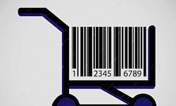 Código de barras en carrito de compra, símbolo de producto.