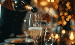 Vino espumoso siendo servido en copa de cristal durante evento festivo.