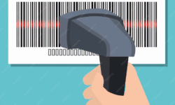 Escáner de código de barras en funcionamiento con línea roja sobre el código, representando los servicios de escaneo y digitalización.