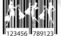 Códigos de barras y personajes en silueta en fondo contraste.