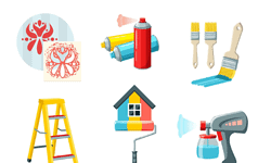 Pinceles, pistola de pintura, escaleras y más herramientas para proyectos de pintura y decoración del hogar.