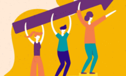 Personas felices sosteniendo una flecha de código de barras ascendente.