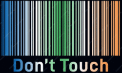 Código de barras con instrucciones "Don't Touch" en colores vibrantes.