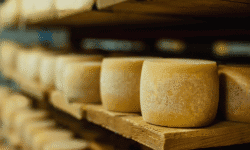 Imagen de queso artesanal en estante de madera, en un ambiente que resalta la producción de productos lácteos.