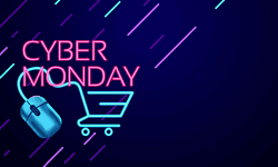 Imagen de un anuncio de Cyber Monday con un carrito de compras, ratón y texto en neón.