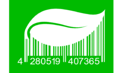 Código de barras ecológico con hoja y números.