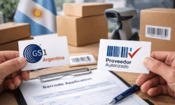 Comparación de opciones para obtener códigos de barras en Argentina con tarjetas de GS1 y proveedor autorizado sobre escritorio con cajas, lector de códigos y bandera argentina de fondo.