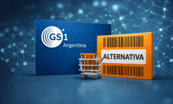 Gráfico en primer plano que muestra una credencial de GS1 Argentina junto a una opción alternativa de código de barras, con un pequeño carrito de compras al frente y fondo digital azul.