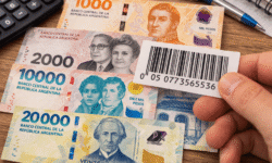 Billetes argentinos de diferentes denominaciones con código de barras en primer plano.