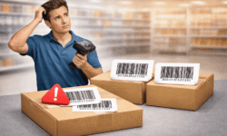 Operador con lector de código de barras revisando cajas con etiquetas mal impresas o defectuosas en un entorno de almacén o tienda.
