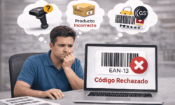 Hombre preocupado frente a una laptop con mensaje "Código Rechazado" en un código EAN-13, pensando en problemas de escáner, producto incorrecto y validación GS1.